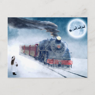 Midnight Christmas Train with Girl and Santa シーズンポストカード