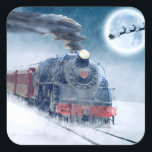Midnight Christmas Train with Girl and Santa スクエアシール<br><div class="desc">蒸気機関車に乗り込む準備ができている少女とサンタと真夜中のクリスマス列車。 frontiernow.com</div>