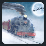 Midnight Christmas Train with Girl and Santa スクエアシール<br><div class="desc">蒸気機関車に乗り込む準備ができている少女とサンタと真夜中のクリスマス列車。 frontiernow.com</div>