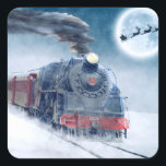 Midnight Christmas Train with Girl and Santa スクエアシール<br><div class="desc">蒸気機関車に乗り込む準備ができている少女とサンタと真夜中のクリスマス列車。 frontiernow.com</div>
