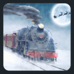 Midnight Christmas Train with Girl and Santa スクエアシール<br><div class="desc">蒸気機関車に乗り込む準備ができている少女とサンタと真夜中のクリスマス列車。 frontiernow.com</div>