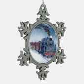 Midnight Christmas Train with Girl and Santa スノーフレークピューターオーナメント (左)