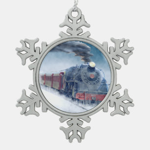 Midnight Christmas Train with Girl and Santa スノーフレークピューターオーナメント