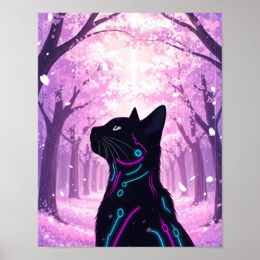 Midnight Cyber Cat | 桜のピンクの森 ポスター (正面)