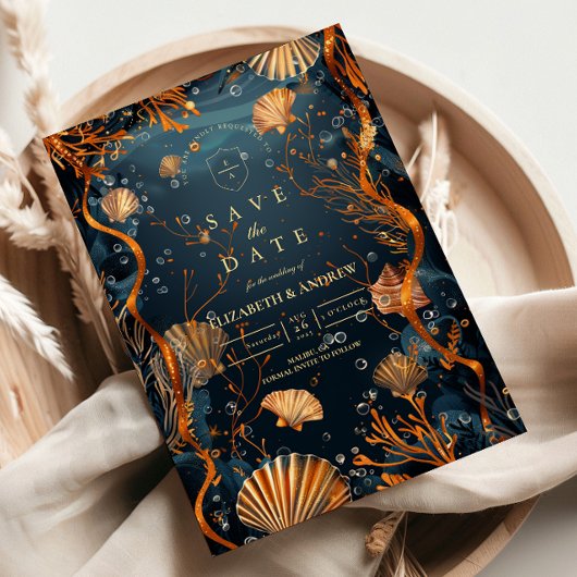 Midnight Deep Sea Gold Nautical Wedding セーブザデート