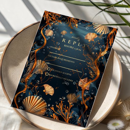 Midnight Deep Sea Gold Nautical Wedding 出欠カード