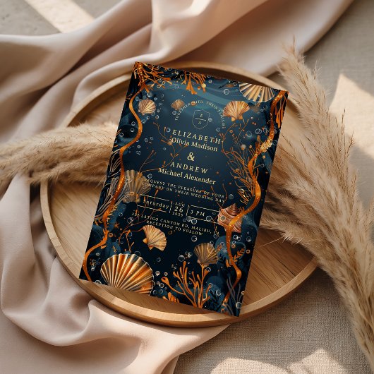 Midnight Deep Sea Gold Nautical Wedding 招待状