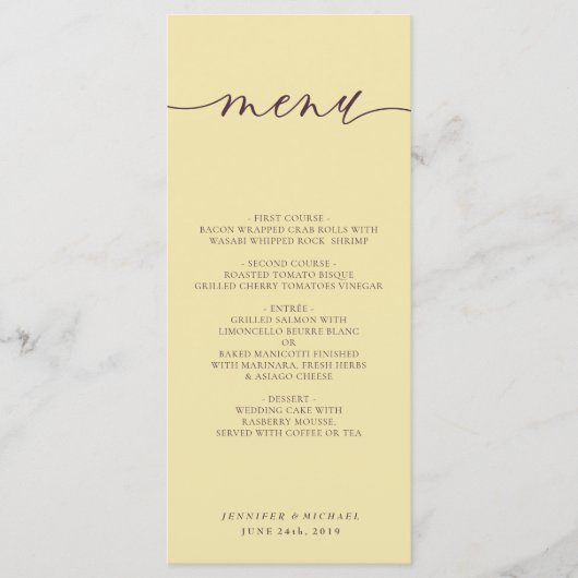 Midnight Fig & Champagne Script Wedding Dinner メニュー (正面)