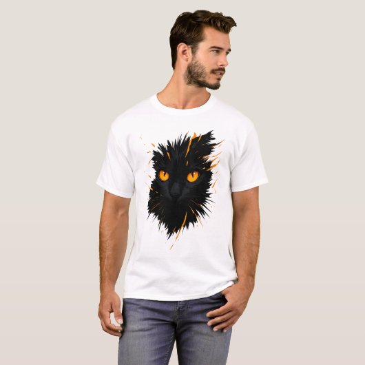 Midnight Gaze – Fiery-Eyed Black Cat Art Tシャツ (正面フル)