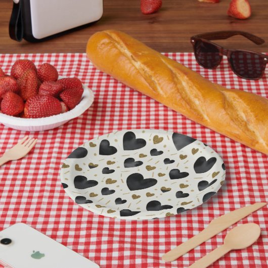 Midnight Glamour Watercolor & Gold Hearts ペーパープレート (ピクニック)