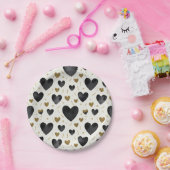 Midnight Glamour Watercolor & Gold Hearts ペーパープレート (パーティー)