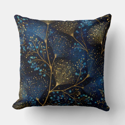 Midnight Gold Botanical Throw Pillow クッション (正面)