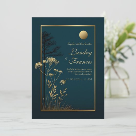 Midnight Gold Moon Botanical Wedding 招待状 (スタンド正面)