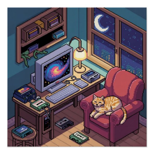 Midnight Lofi Pixel Art Retro Room ポスター (正面)