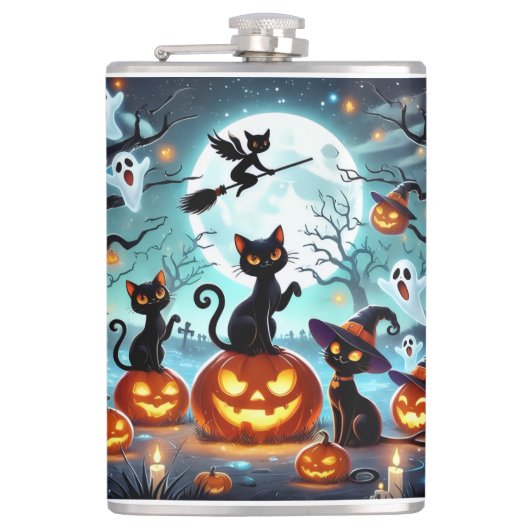 Midnight Magic: Black Cats & Pumpkins Halloween  フラスク (正面)