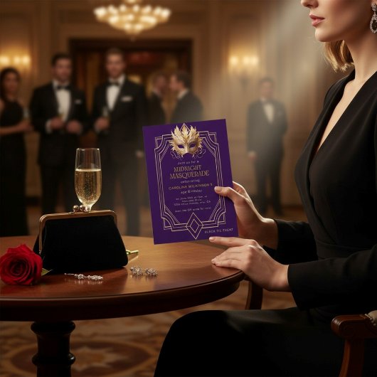 Midnight Masquerade Gold Feather Mask Purple 招待状