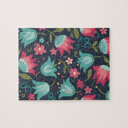 Midnight Meadow: Enchanting Folk-Art Tulip Pattern ジグソーパズル (横)