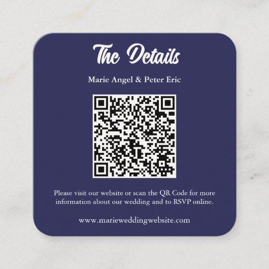 Midnight Navy Monogram QR Code Wedding Details スクエア名刺 (正面)