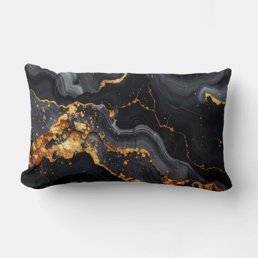 Midnight Onyx & Gold Leaf Abstract Pillow ランバークッション (正面)