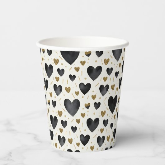 Midnight Onyx Hearts & Radiant Gold Sparkle 紙コップ (裏面)