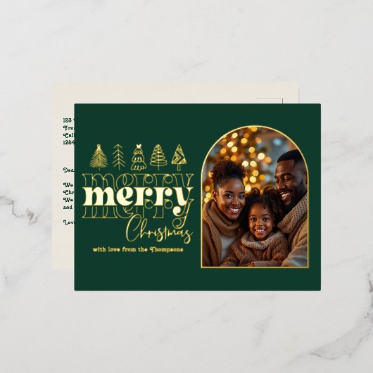 Midnight Pine & Cream White Christmas Photo 箔シーズンポストカード (正面/裏面)