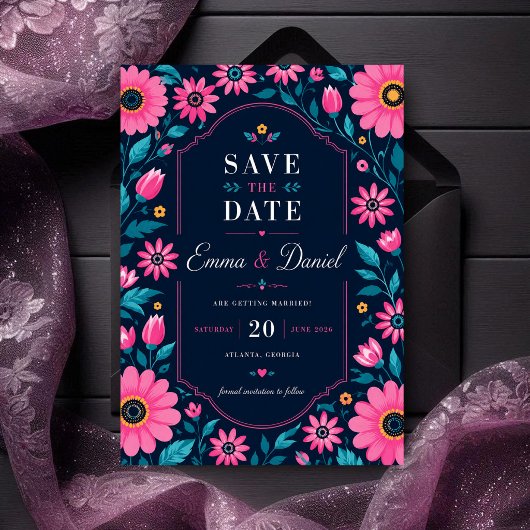 Midnight Pink Floral Romantic Wildflower Elegant  セーブザデート