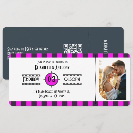 Midnight Plum, Neon Pink & Dark Charcoal Cinema 招待状 (正面/裏面)