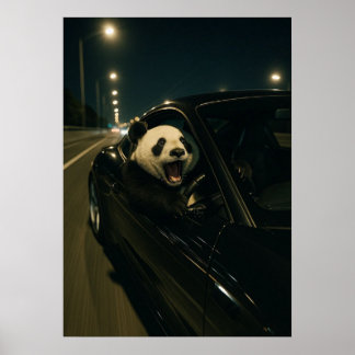 Midnight Ride – Funny Panda in a Sports Car Wall A ポスター