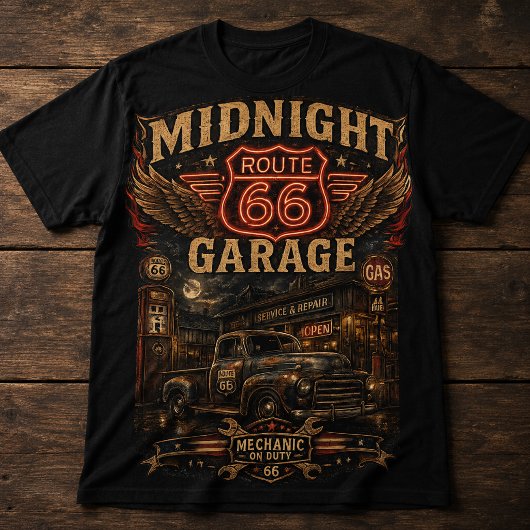 MIDNIGHT ROUTE 66 GARAGE – ビンテージアメリカーナメカ Tシャツ