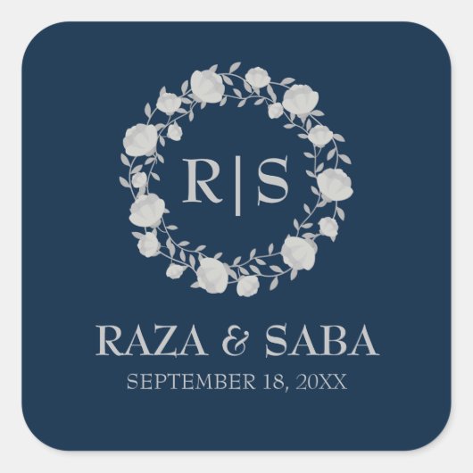 Midnight Serenity Navy and Silver Wedding スクエアシール (正面)