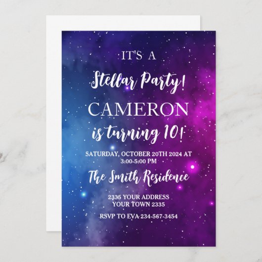 Midnight Sky & Shining Stars Galaxy Birthday Party 招待状 (正面/裏面)