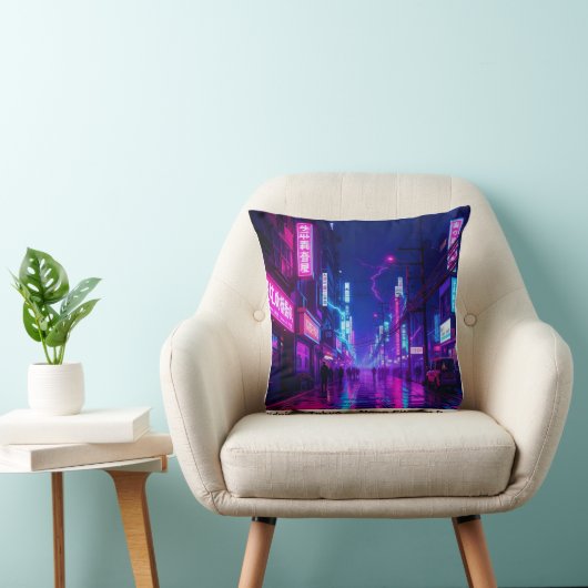 Midnight Tokyo — Neon Cyberpunk Throw Pillow クッション (椅子)