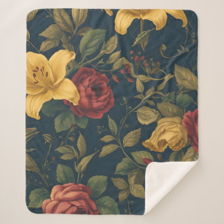 Midnight Victorian Floral – Yellow Lilies & Roses シェルパブランケット