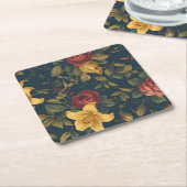 Midnight Victorian Floral – Yellow Lilies & Roses スクエアペーパーコースター (アングル)