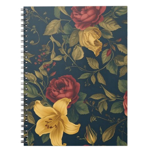 Midnight Victorian Floral – Yellow Lilies & Roses ノートブック (正面)