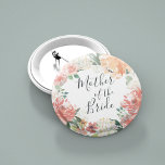 Midsummer Floral Mother of the Bride 缶バッジ<br><div class="desc">Identify the key players at your bridal shower with our elegant,  sweetly chic floral buttons. Button features a watercolor floral wreath of peachy pink peonies,  white hydrangea flowers and botanical greenery with "mother of the bride" inscribed inside in hand lettered script.</div>