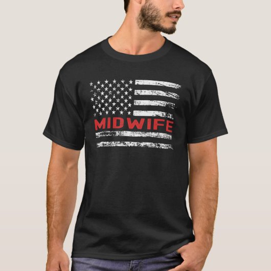 Midwife USA Flag Profession Retro Job Title Tシャツ (正面)