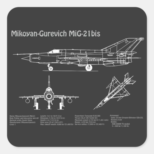 MiG-21 bis – 飛行機の設計図の計画PD スクエアシール (正面)