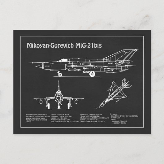 MiG-21 bis – 飛行機の設計図の計画PD ポストカード (正面)
