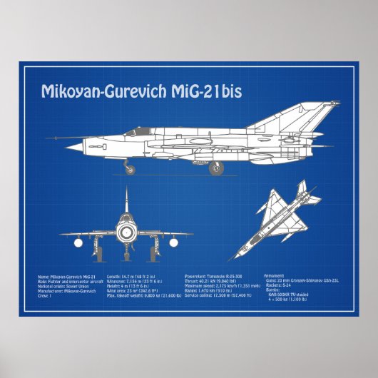 MiG-21 bis – 飛行機の設計図プランABD ポスター (正面)