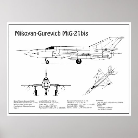MiG-21 bis – 飛行機の設計図プランBD ポスター (正面)