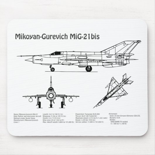 MiG-21 bis – 飛行機の設計図プランBD マウスパッド (正面)
