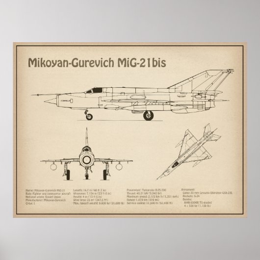 MiG-21 bis – 飛行機の設計図プランSD ポスター (正面)