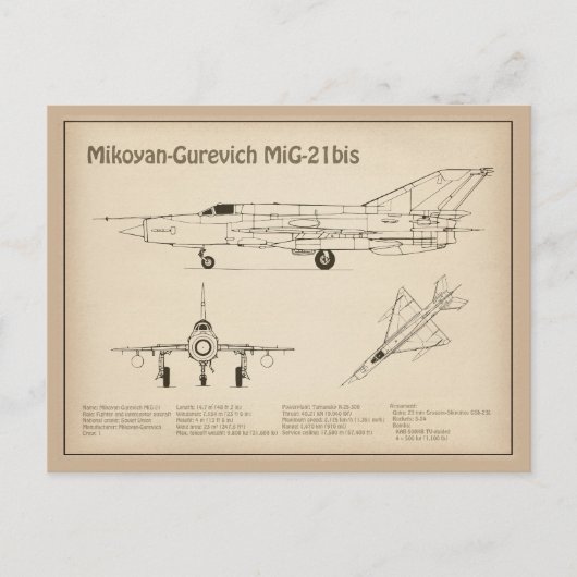 MiG-21 bis – 飛行機の設計図プランSD ポストカード (正面)