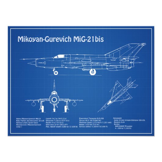 MiG-21 bis – 飛行機設計図プランAD フォトプリント (正面)