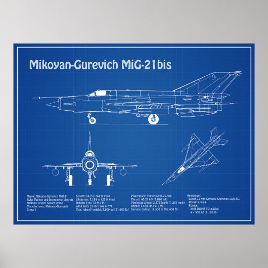 MiG-21 bis – 飛行機設計図プランAD ポスター (正面)