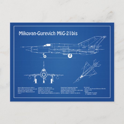 MiG-21 bis – 飛行機設計図プランAD ポストカード (正面)