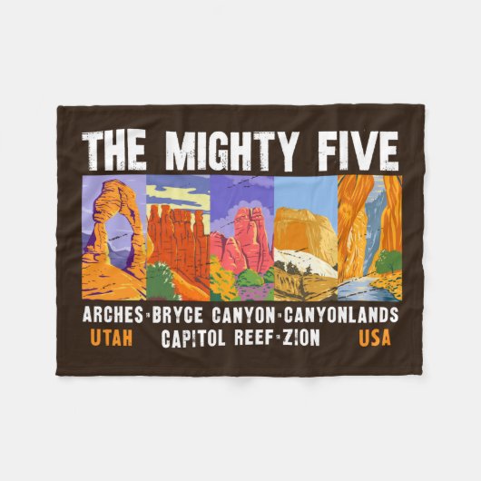 Mighty Five Utah国立公園リストヴィンテージ フリースブランケット (正面(横))