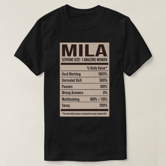 Mila Nutrition Facts Name Nickname Alias Title Fri Tシャツ (デザイン正面)