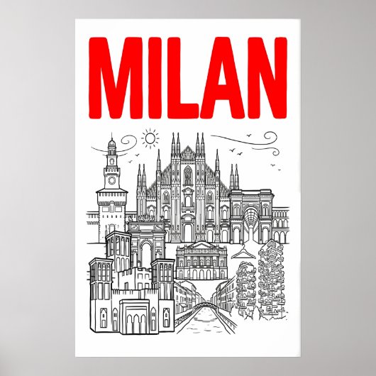Milan Skyline Wall Art - Graphic Poster Style with ポスター (正面)